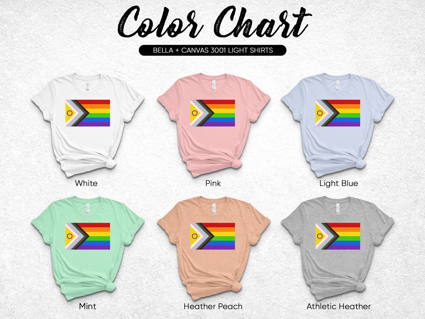 Color chart for Bella + Canvas 3001 Light shirts in six colors.