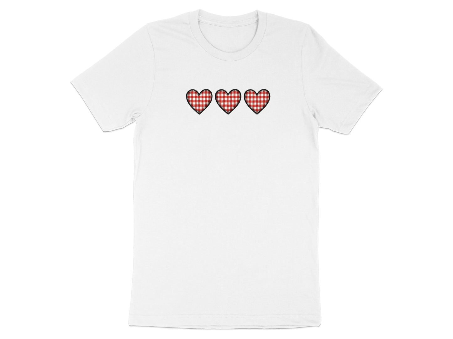 White t-shirt with three red and white gingham hearts embroidered on the chest.