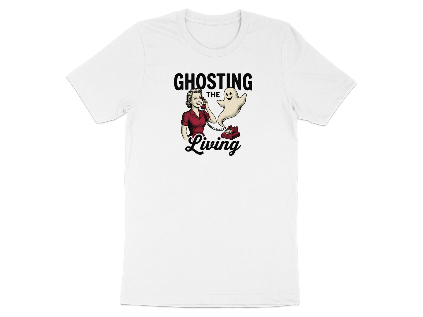White t-shirt with "Ghosting the Living" text and vintage ghost illustration.
