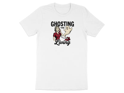 White t-shirt with "Ghosting the Living" text and vintage ghost illustration.