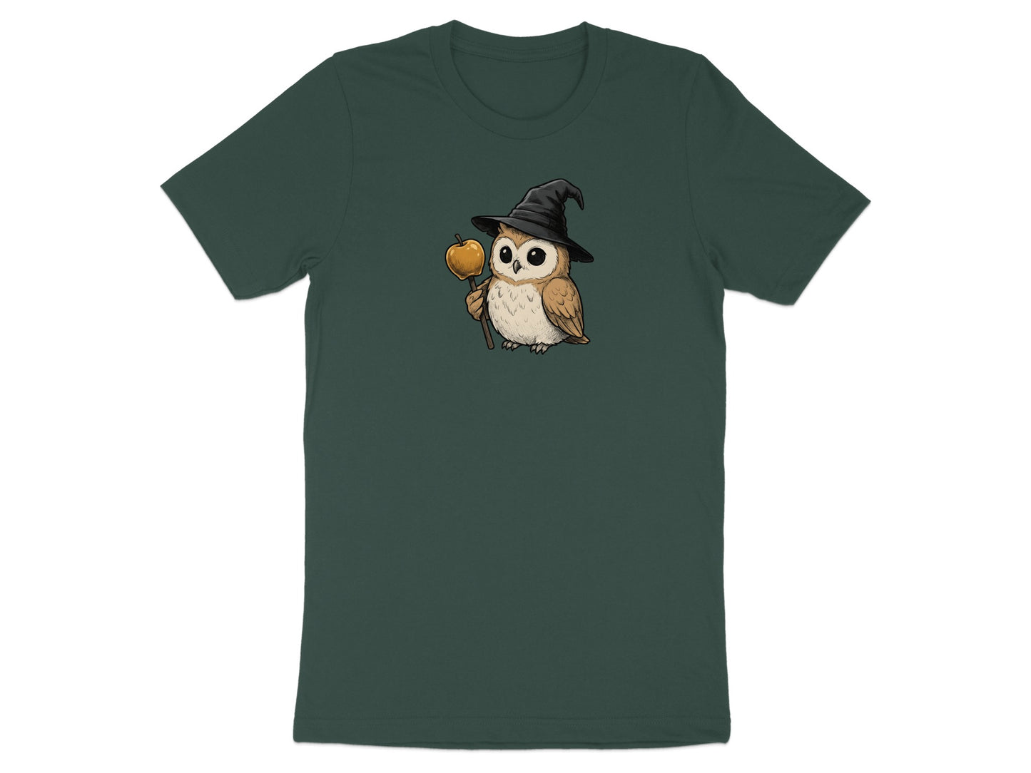 Owl wearing black witch hat, holding golden apple on a stick.
