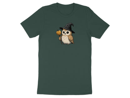 Owl wearing black witch hat, holding golden apple on a stick.