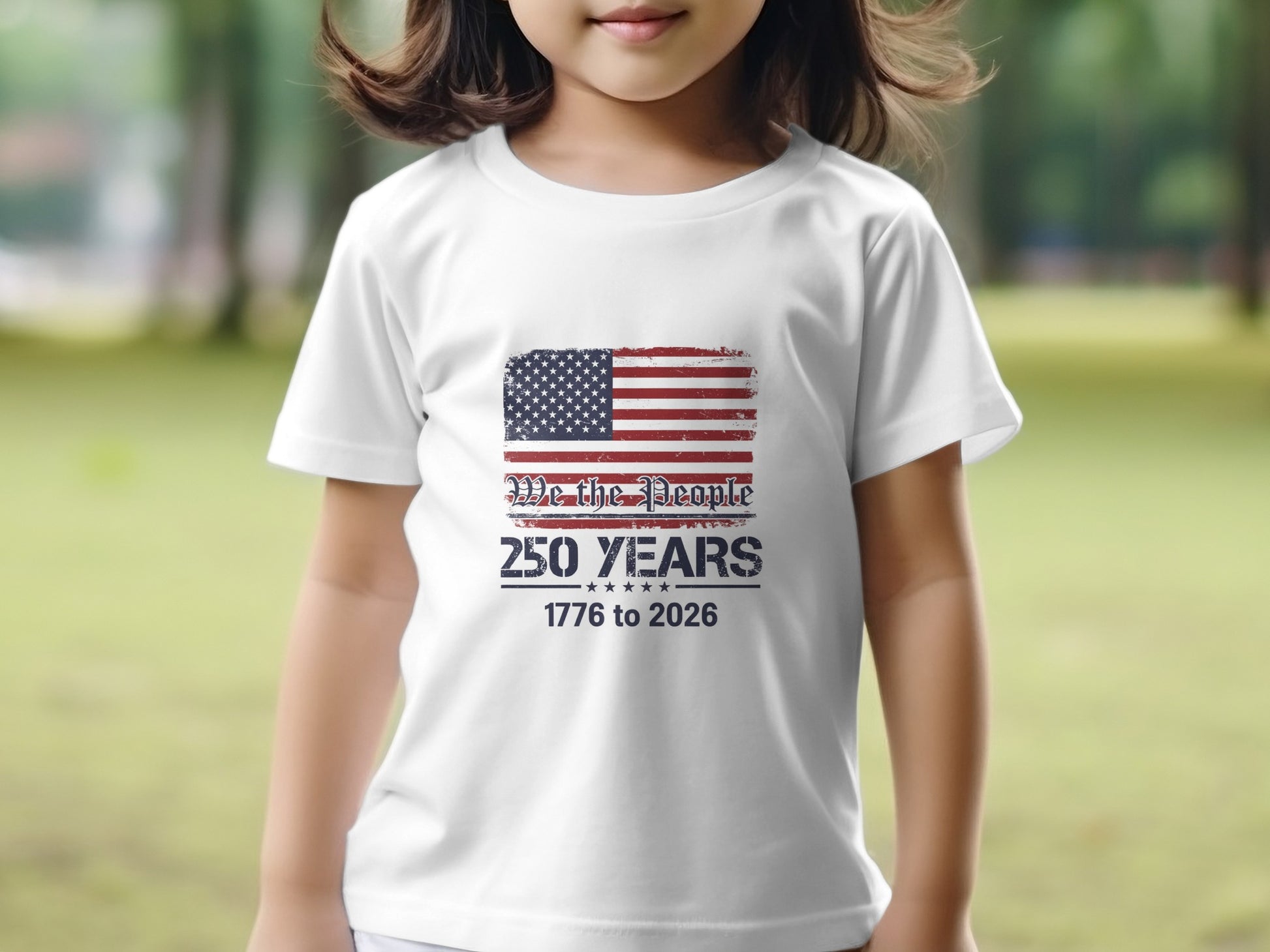 White t-shirt with "We The People 250 Years 1776 to 2026" and American flag graphic.