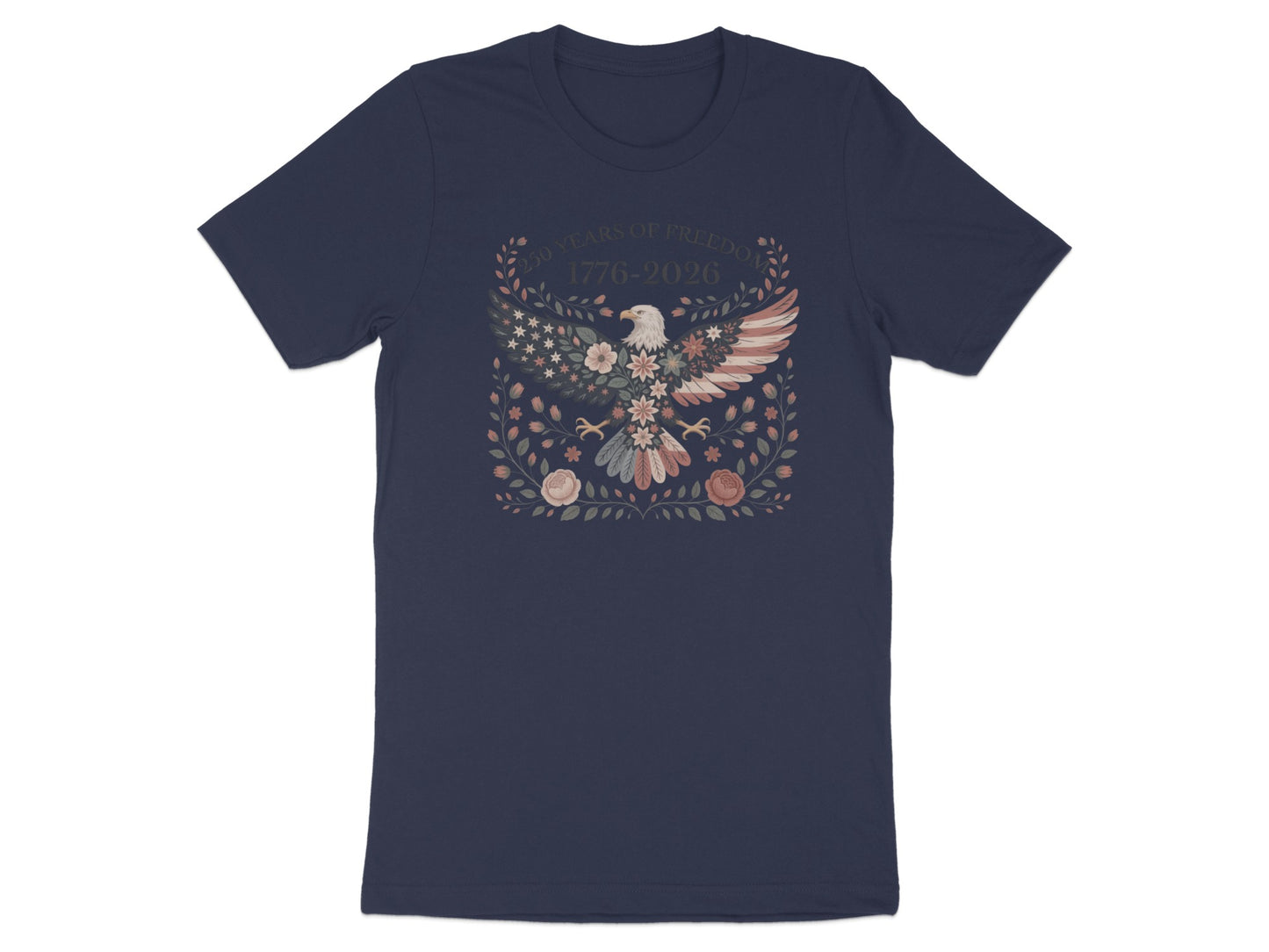Navy t-shirt with eagle, stars, and floral wreath graphic.