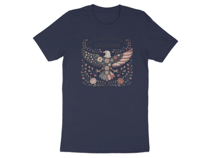 Navy t-shirt with eagle, stars, and floral wreath graphic.