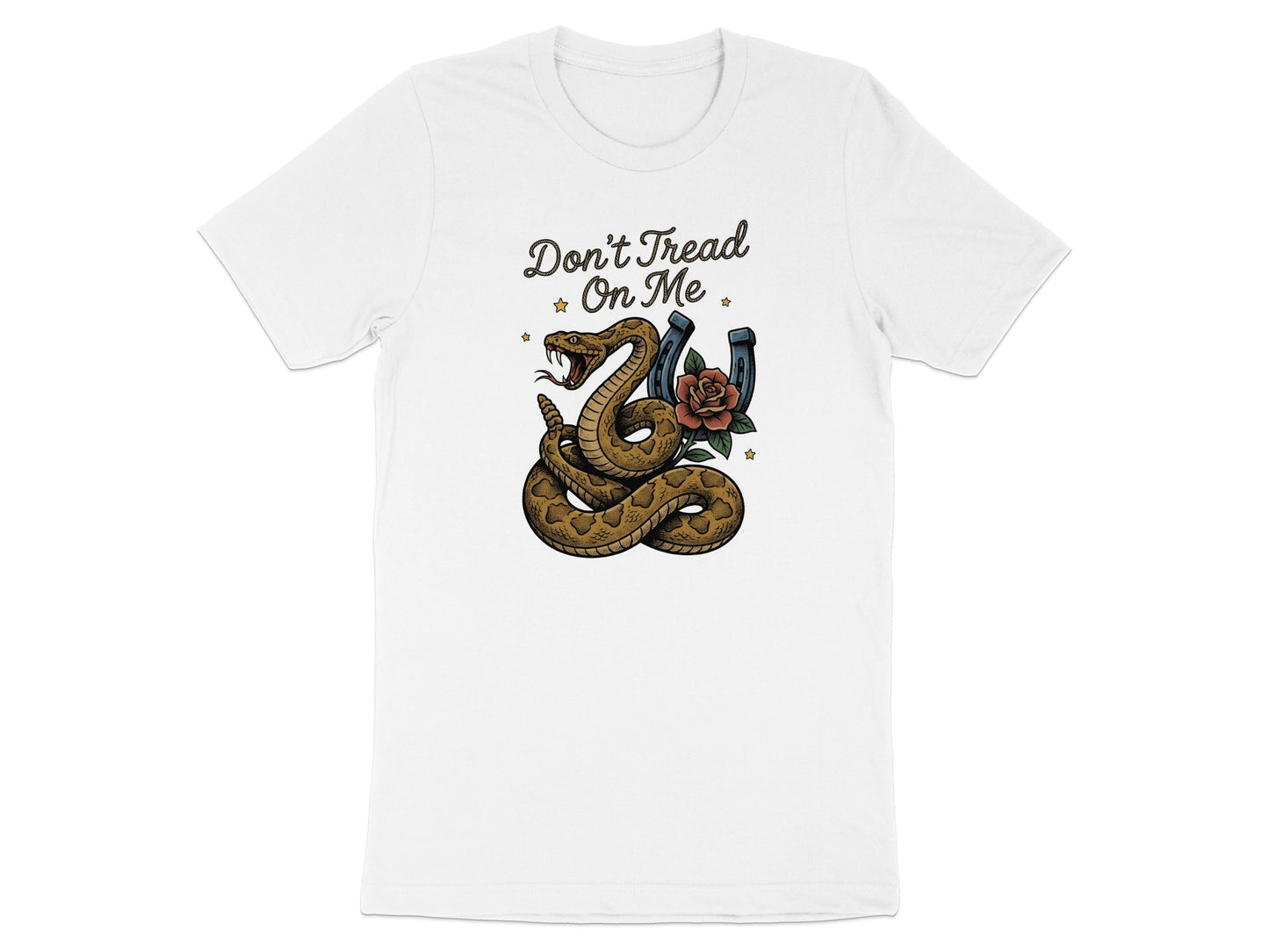 Rattlesnake coiled around a rose and horseshoe, with text "Don't Tread On Me".