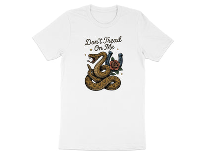 Rattlesnake coiled around a rose and horseshoe, with text "Don't Tread On Me".