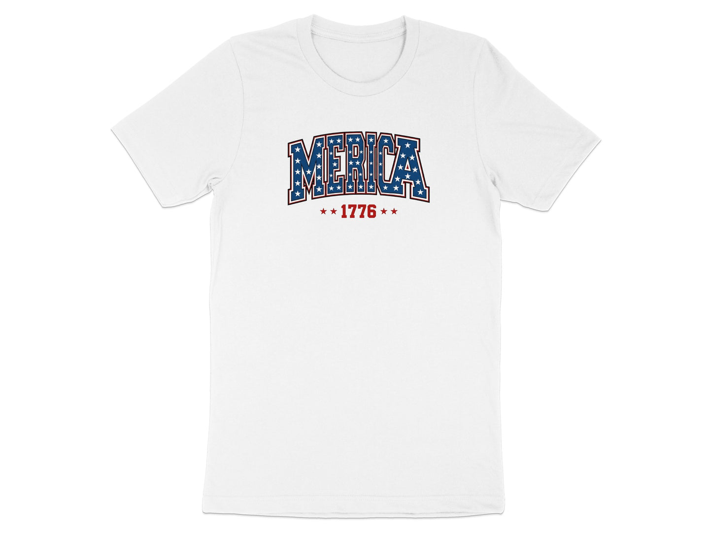 White t-shirt with "MERICA" in blue and red stars, and "1776" below.