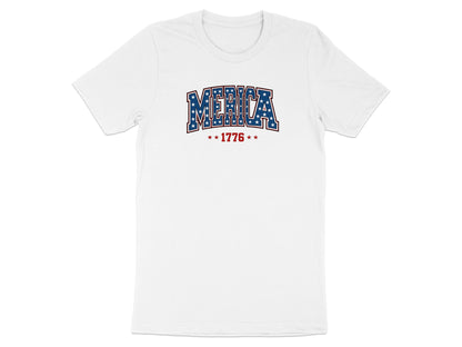 White t-shirt with "MERICA" in blue and red stars, and "1776" below.