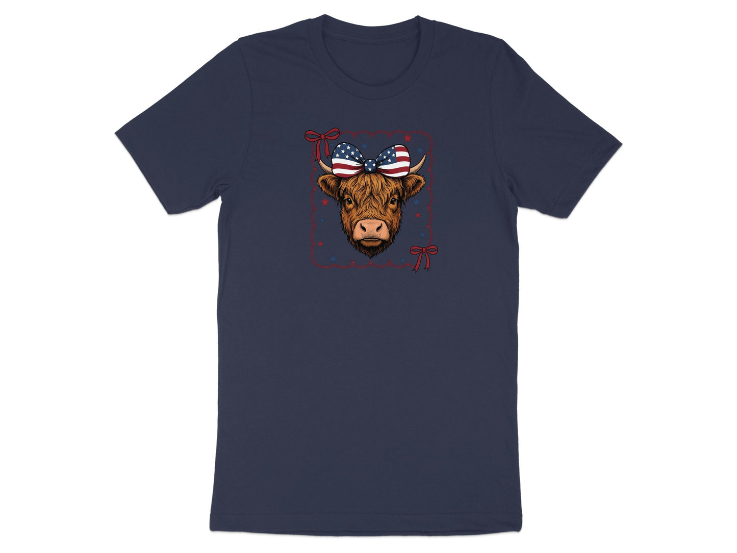 Navy t-shirt with a Highland cow wearing an American flag bow.