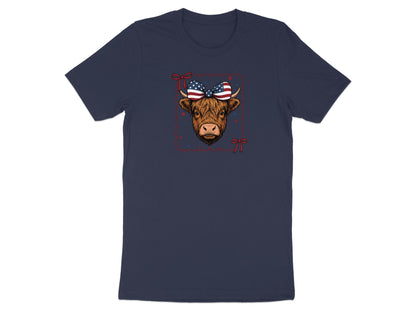Navy t-shirt with a Highland cow wearing an American flag bow.