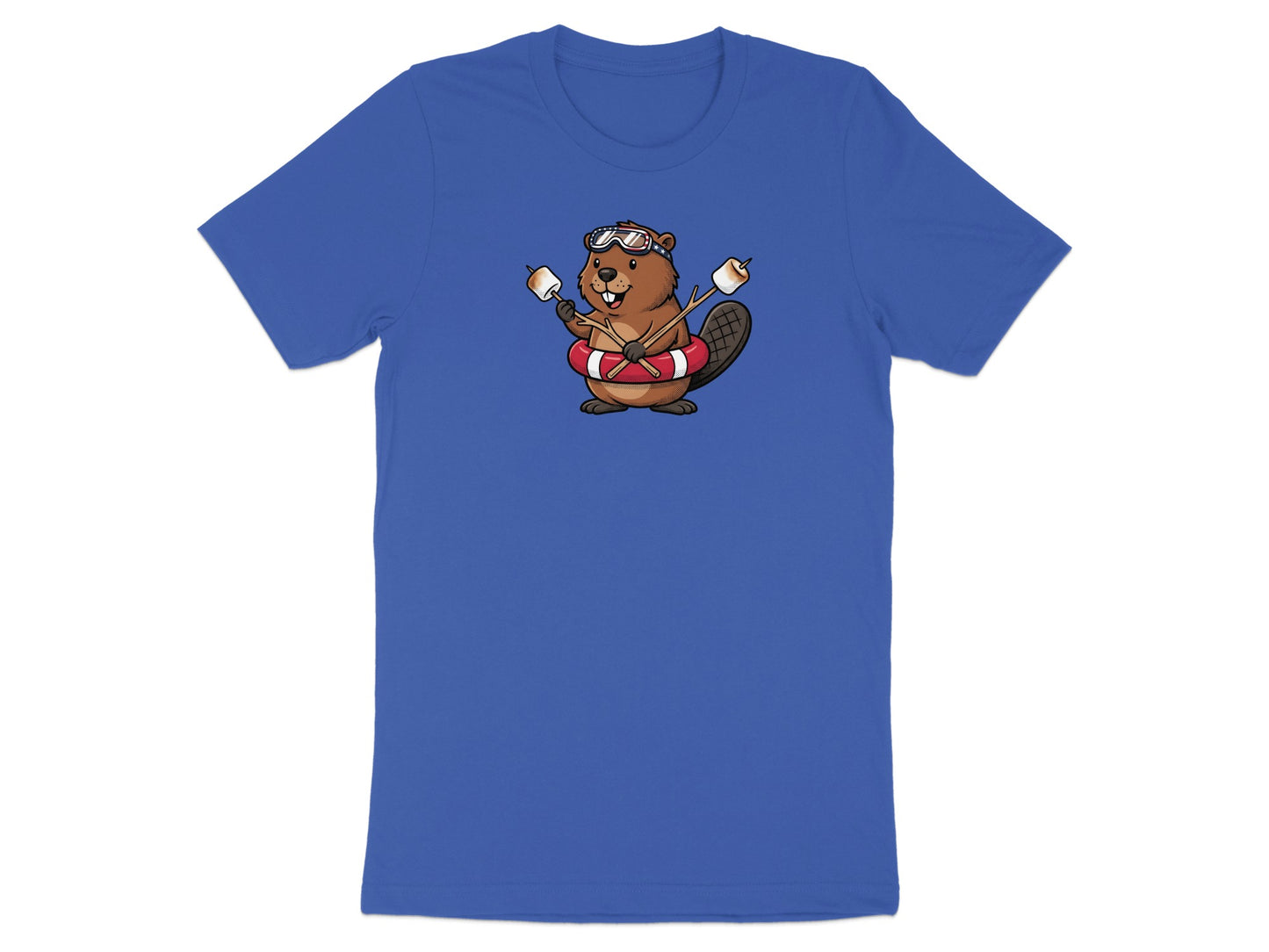 Cartoon beaver wearing goggles and inner tube holds two marshmallows.