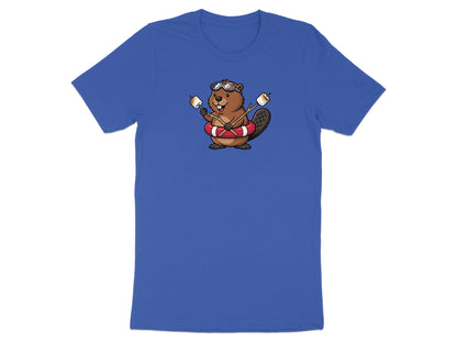 Cartoon beaver wearing goggles and inner tube holds two marshmallows.