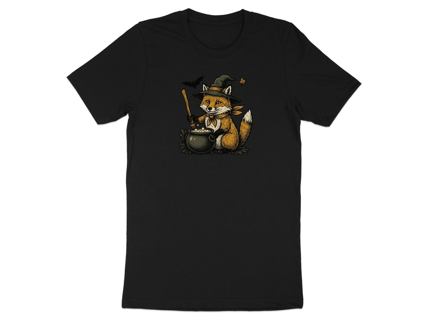 Animated fox in witch hat stirs cauldron, with bat and leaves.