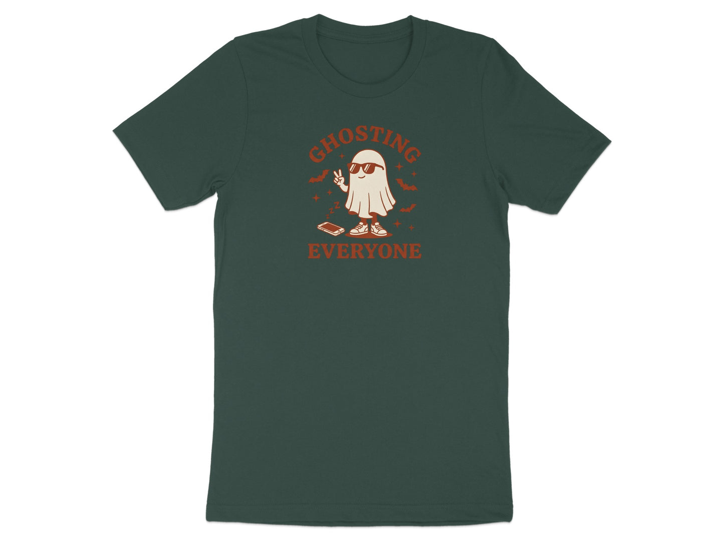 Green t-shirt with ghost graphic saying "Ghosting Everyone"