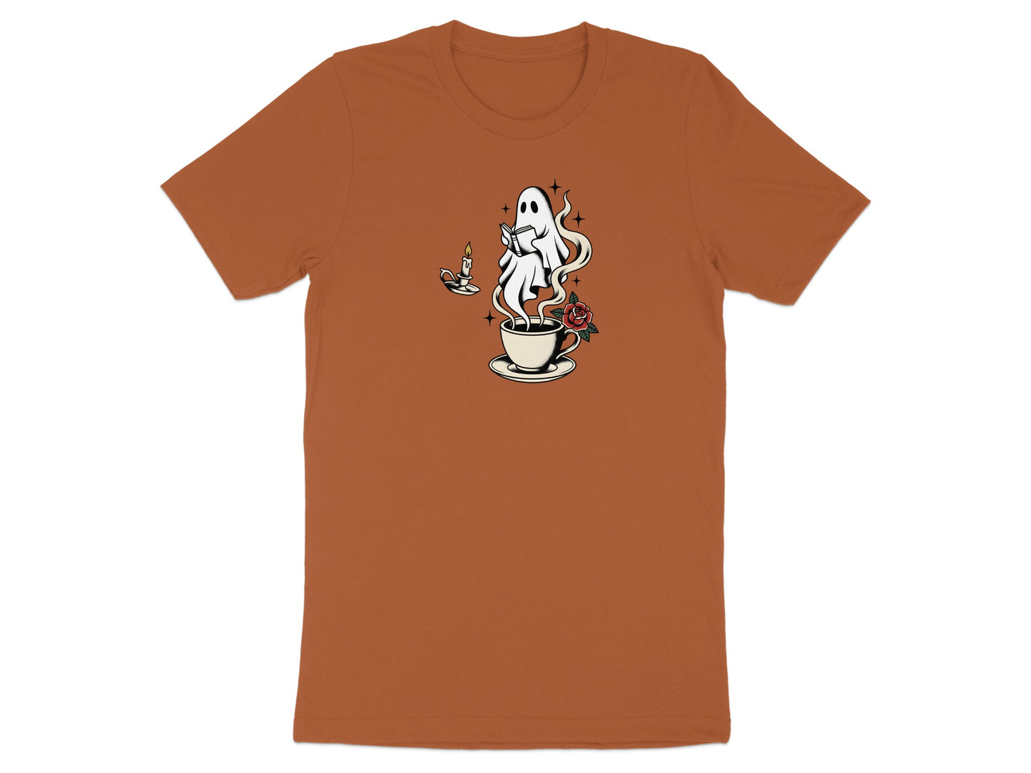 Ghost reading a book rising from a coffee cup with a rose and candle.