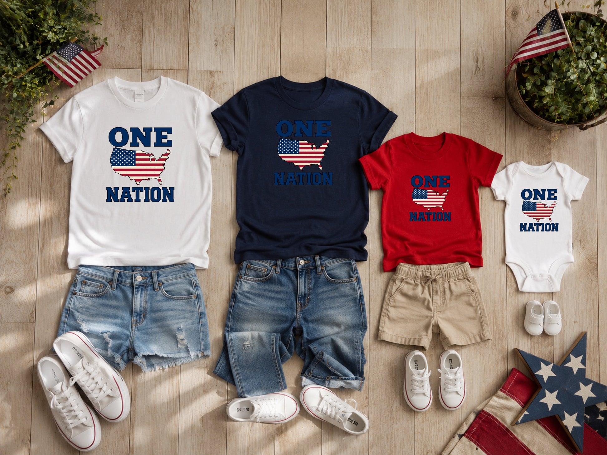 Matching patriotic t-shirts and onesie for family, with American flag and stars.