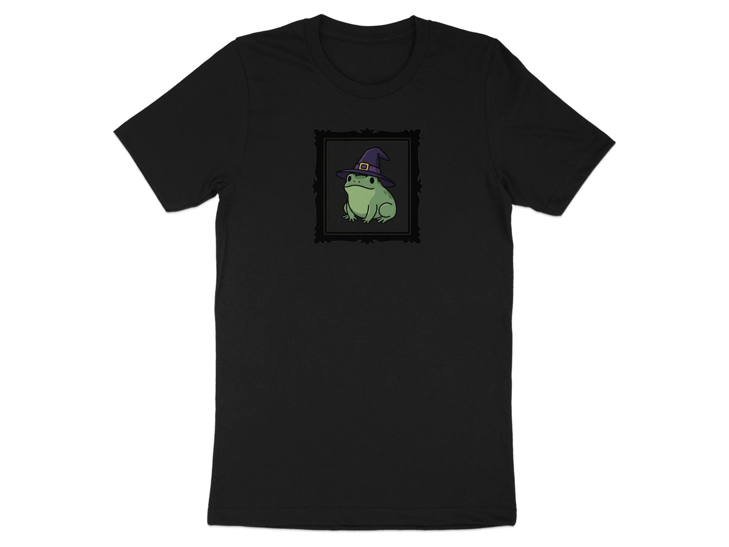 Black t-shirt with a framed cartoon frog wearing a witch hat.