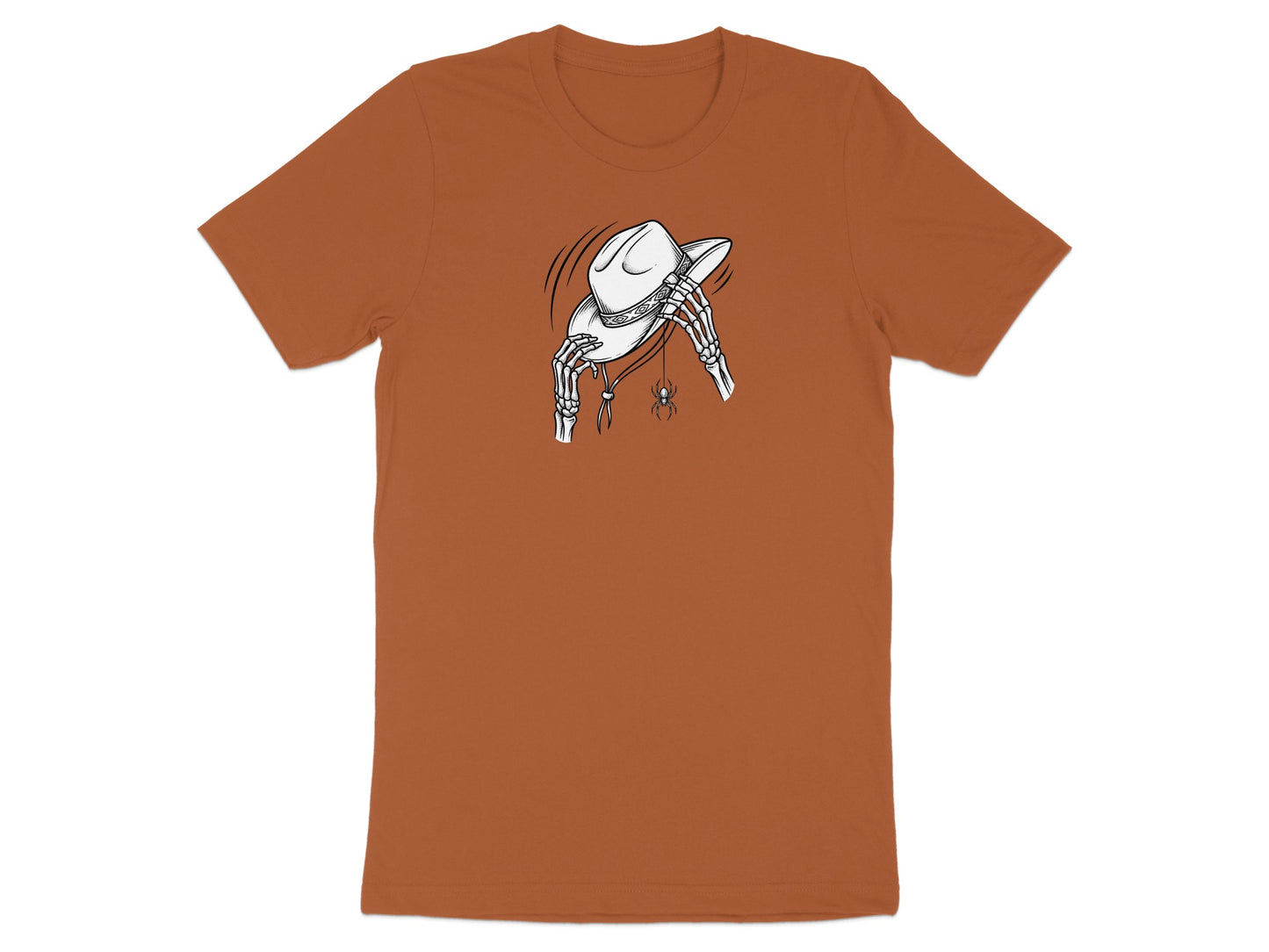 Skeleton hands holding a cowboy hat with a spider dangling below.