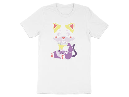 Cartoon purple cat with yellow ears drinks bubble tea, wearing a t-shirt.