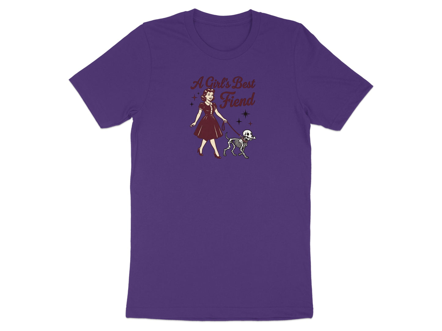 Purple t-shirt with illustration of a woman walking a skeleton dog, captioned "A Girl's Best Fiend".