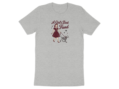Woman in maroon dress walks skeleton dog with text "A Girl's Best Fiend".