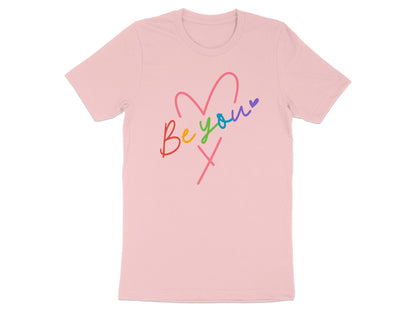 Pink t-shirt with a rainbow heart and "Be You" text.
