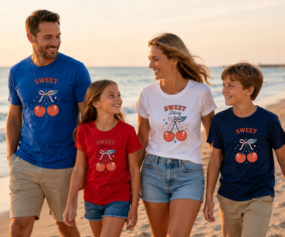 Family in matching "Sweet Liberty" cherry t-shirts on a beach.