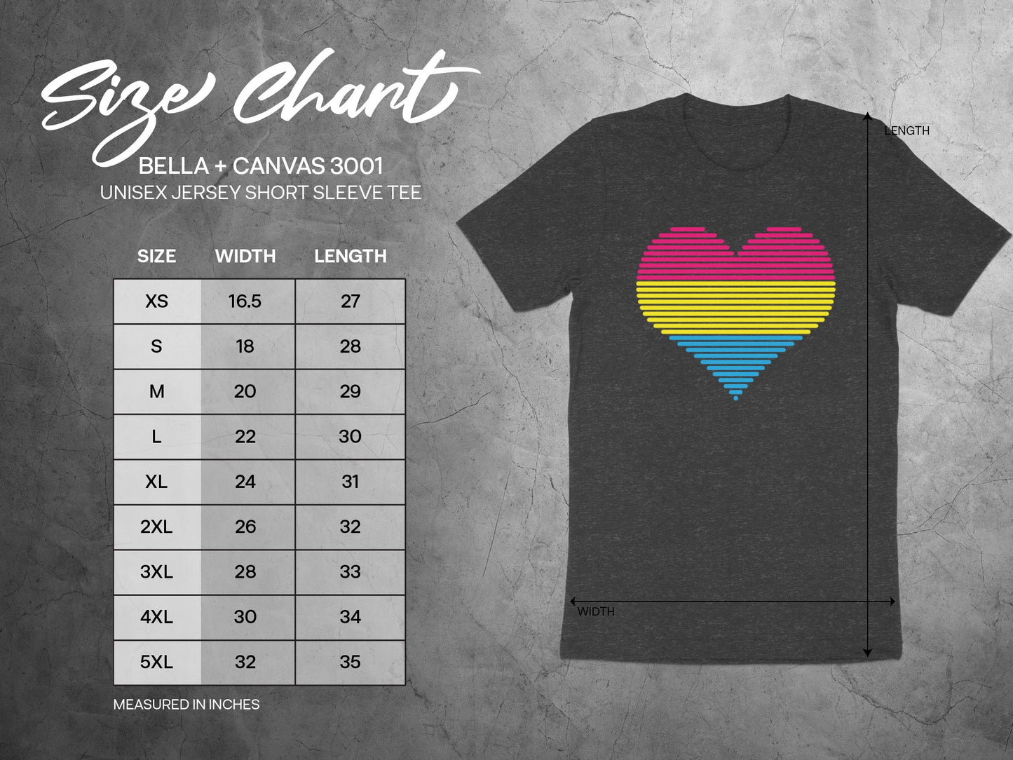 Size chart for Bella + Canvas 3001 unisex short sleeve tee.