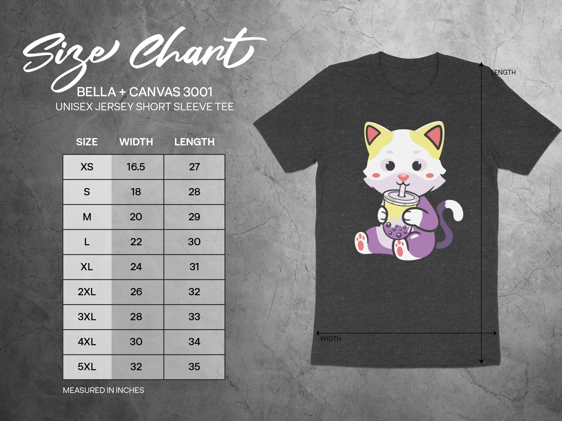 Bella + Canvas 3001 unisex t-shirt size chart with measurements.
