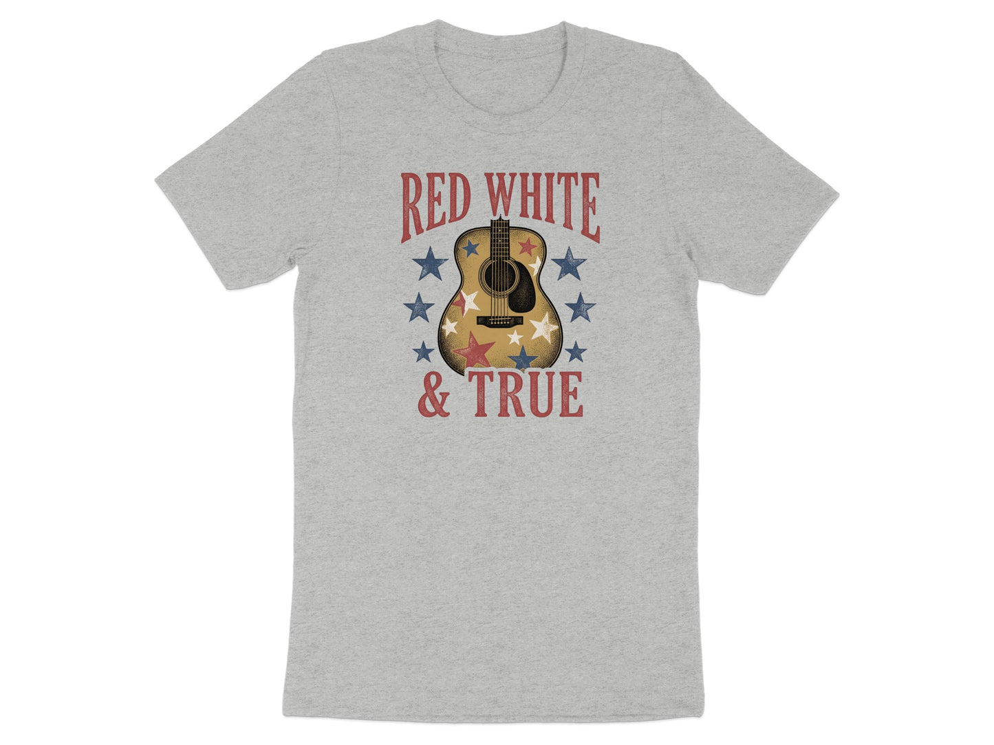 Light gray t-shirt with red, white, and blue guitar and stars design, reading "RED WHITE & TRUE".