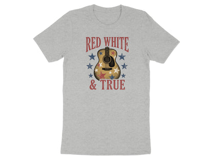 Light gray t-shirt with red, white, and blue guitar and stars design, reading "RED WHITE & TRUE".