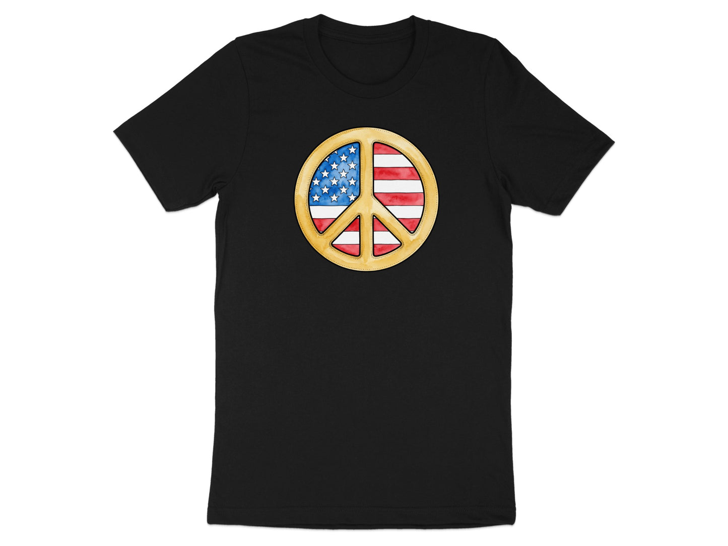 Black t-shirt featuring a gold peace sign with the American flag design.