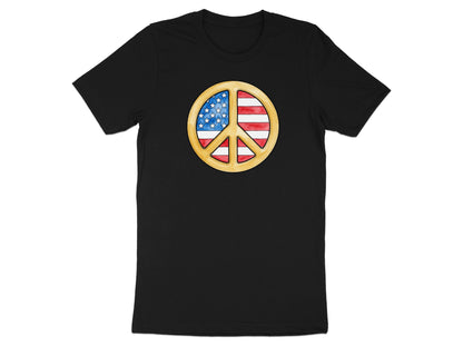 Black t-shirt featuring a gold peace sign with the American flag design.