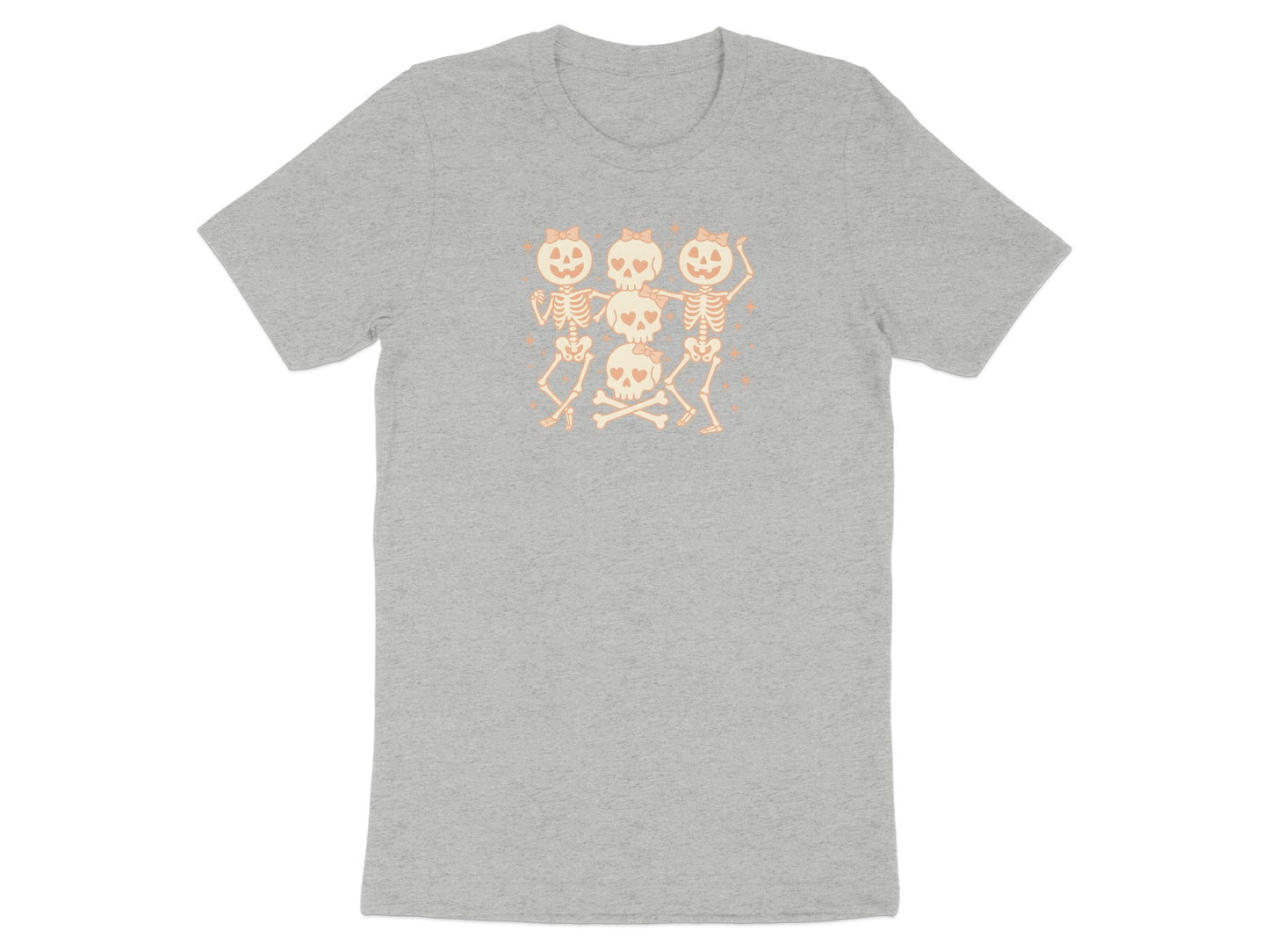 Illustration of dancing skeletons with bows on skulls and crossed bones.