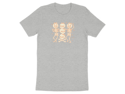 Illustration of dancing skeletons with bows on skulls and crossed bones.