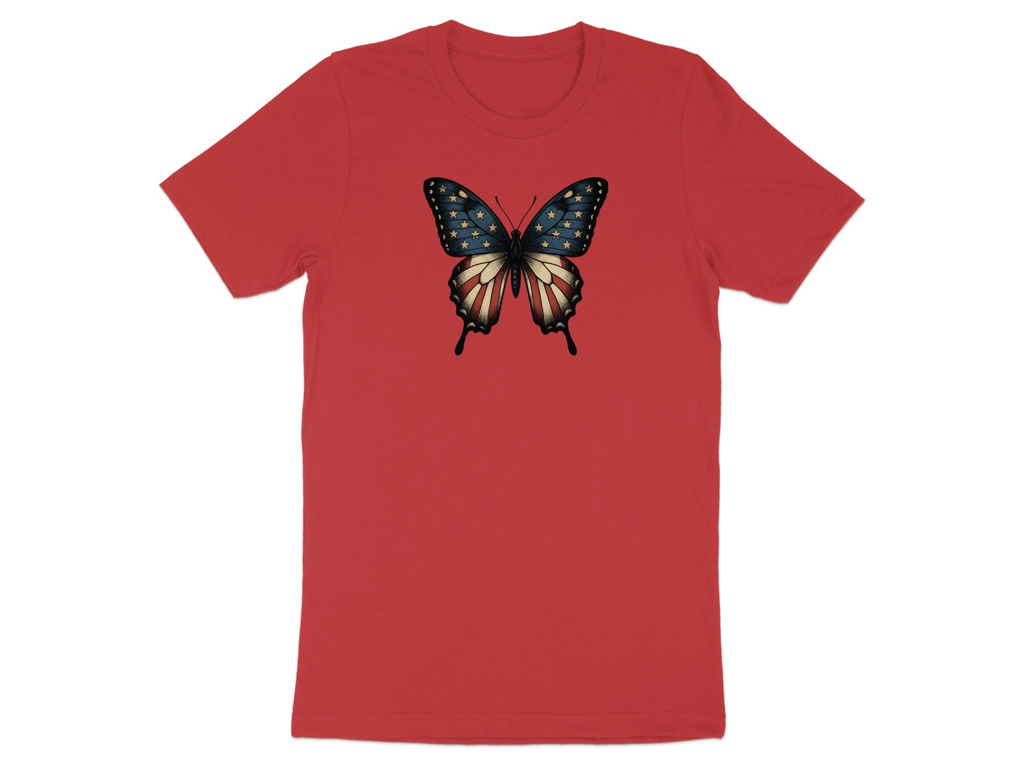 Red t-shirt with a butterfly adorned with the American flag design.