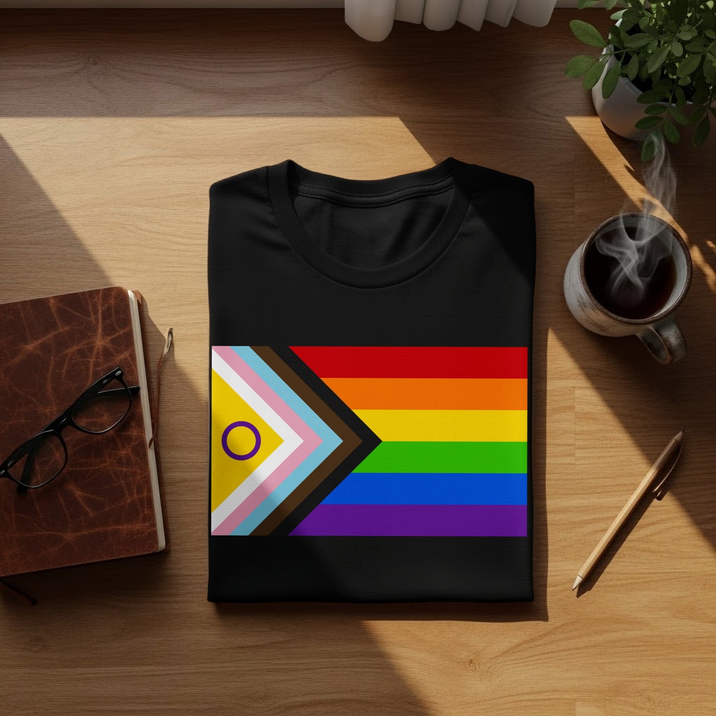 Black t-shirt with Pride flag and Intersex Pride flag overlay.