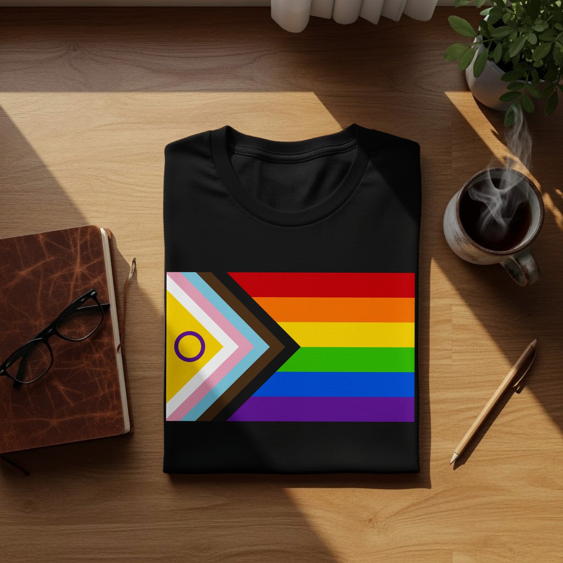 Black t-shirt with Pride flag and Intersex Pride flag overlay.