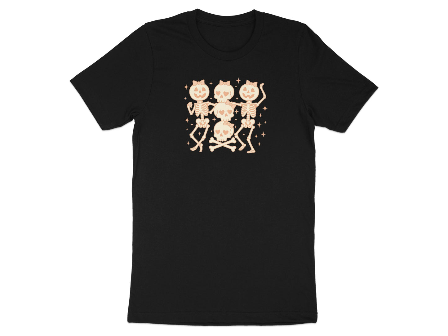 Black t-shirt with three smiling skeletons dancing around a stack of skulls