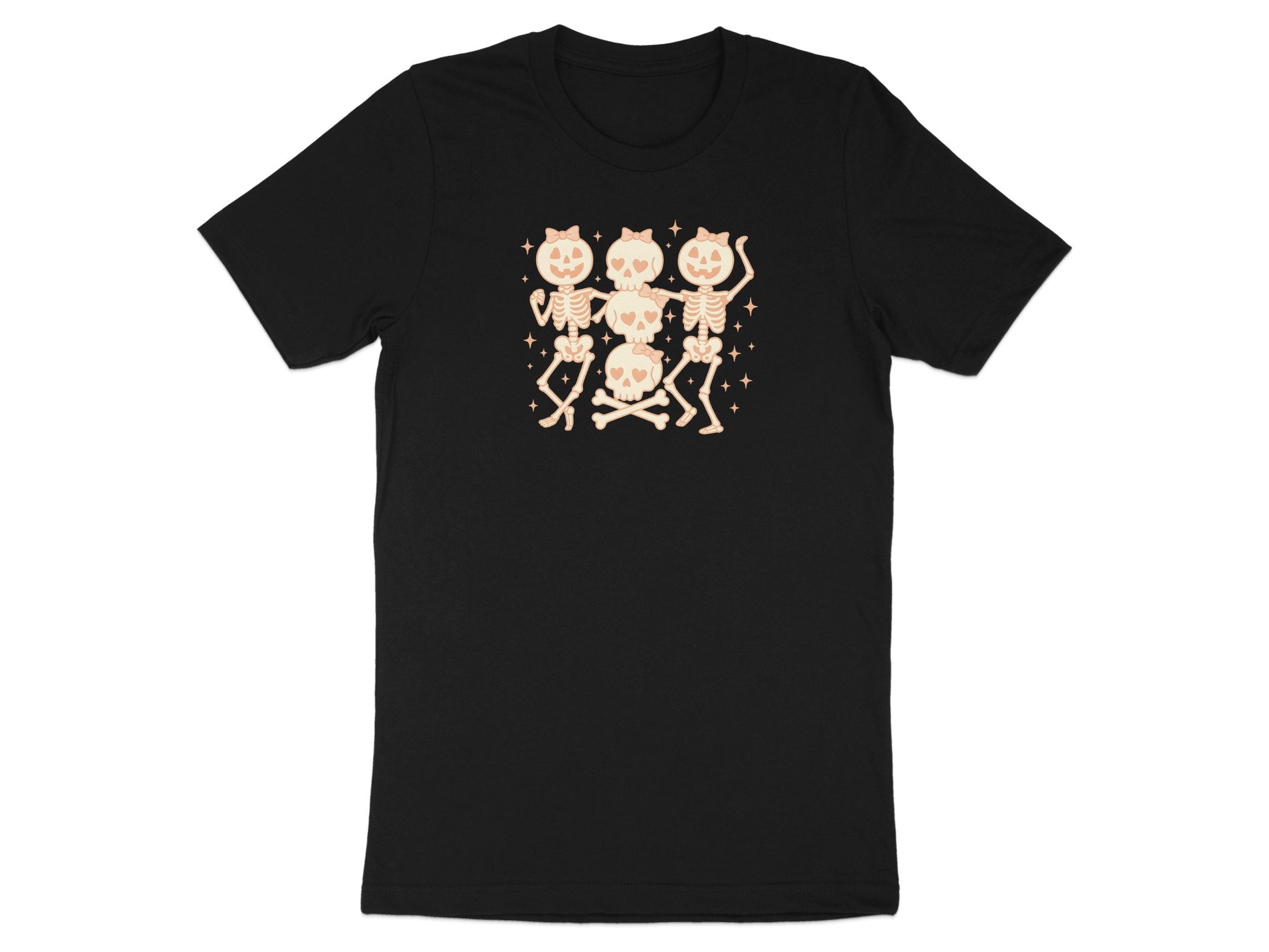 Black t-shirt with three smiling skeletons dancing around a stack of skulls