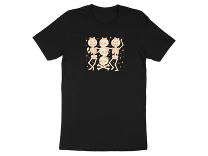 Black t-shirt with three smiling skeletons dancing around a stack of skulls