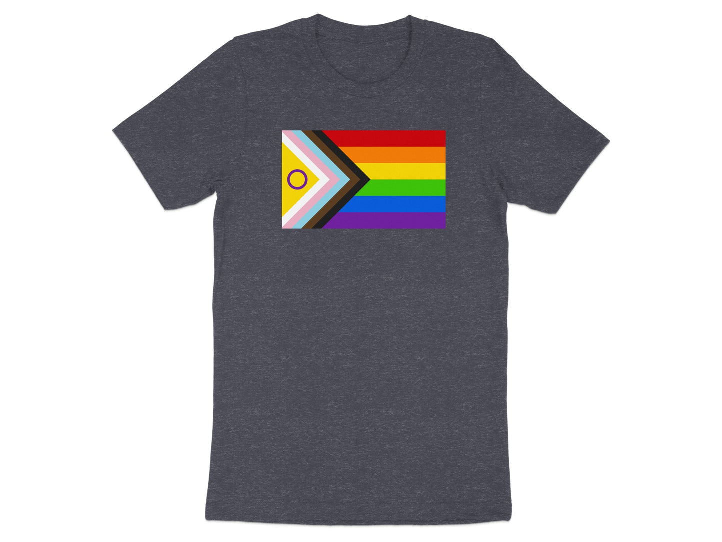 Dark heather grey t-shirt with Progress Pride flag on the left chest.