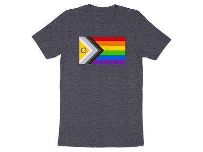 Dark heather grey t-shirt with Progress Pride flag on the left chest.