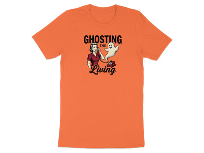 Orange t-shirt with "Ghosting the Living" text and retro illustration.