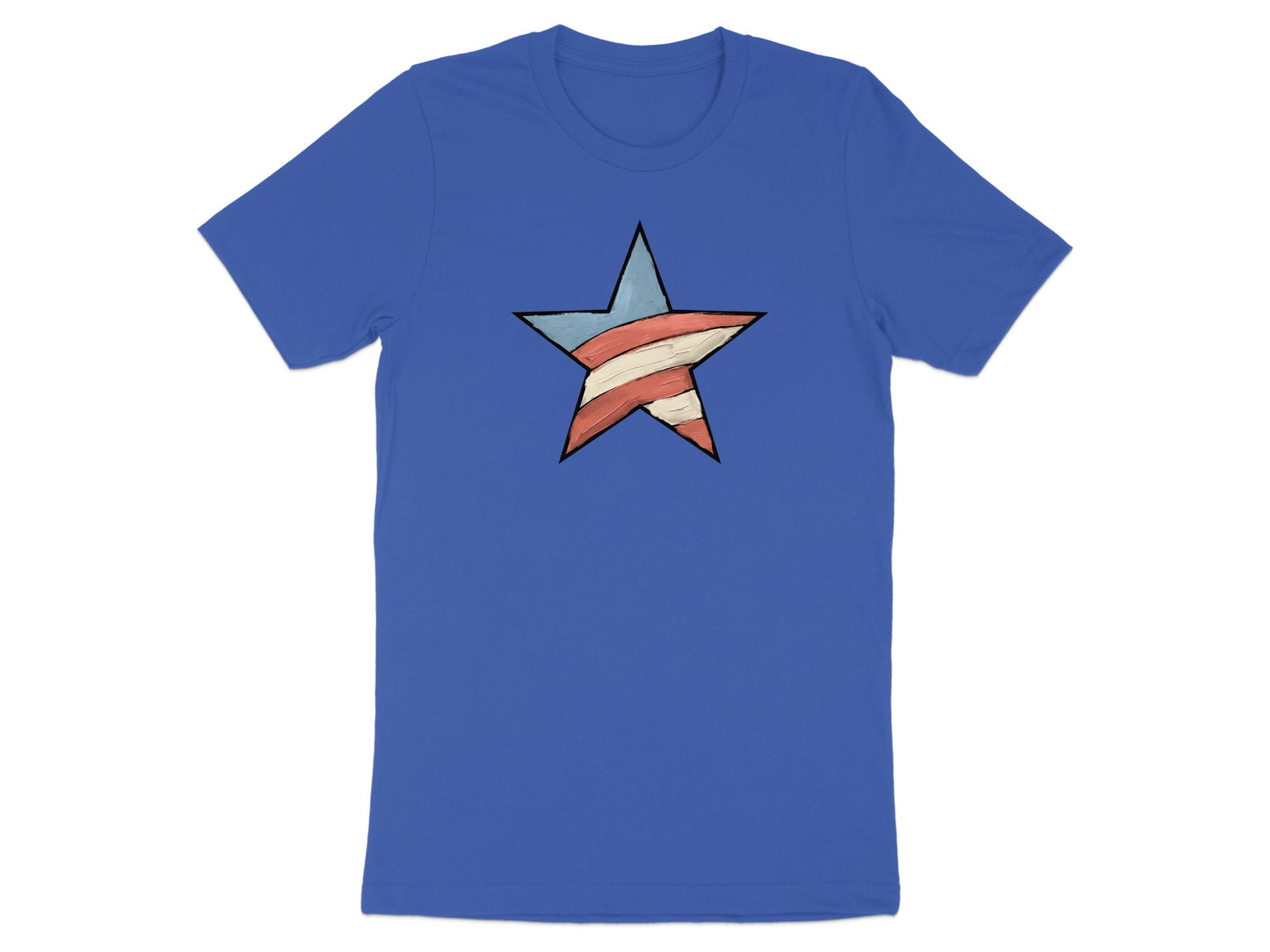 Blue t-shirt with a distressed red and white striped star.