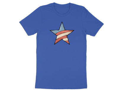 Blue t-shirt with a distressed red and white striped star.
