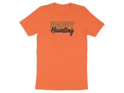 Orange t-shirt with "Happy Haunting" text in brown and black.