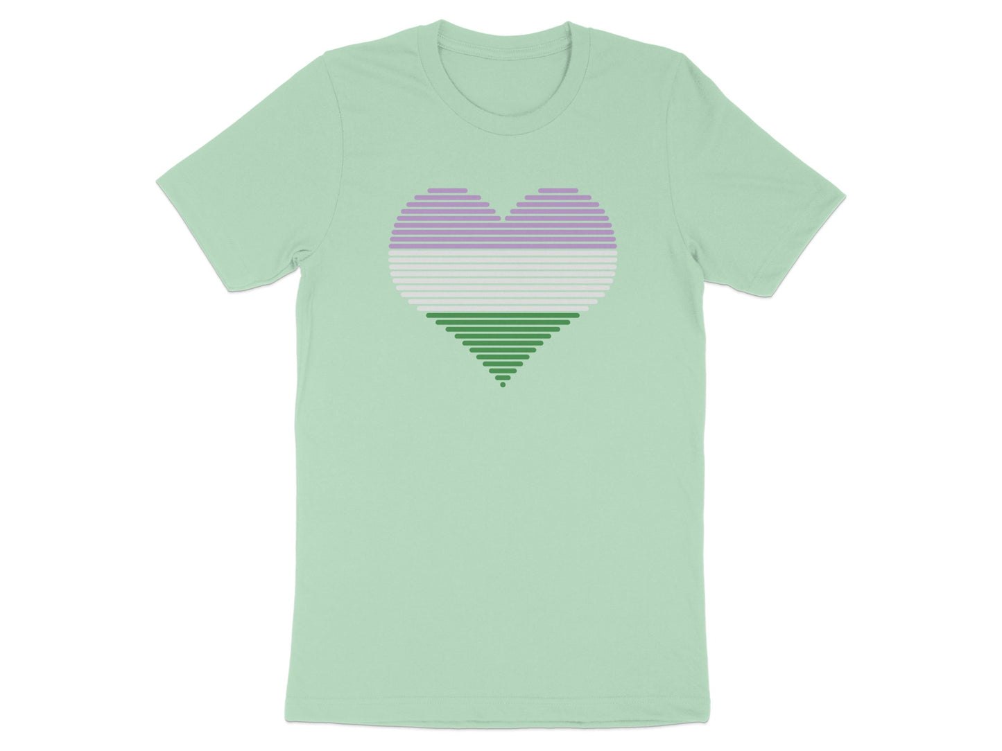 Mint green t-shirt with a horizontal striped heart in purple, pink, and green.