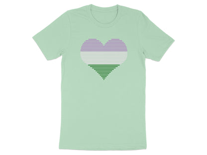 Mint green t-shirt with a horizontal striped heart in purple, pink, and green.